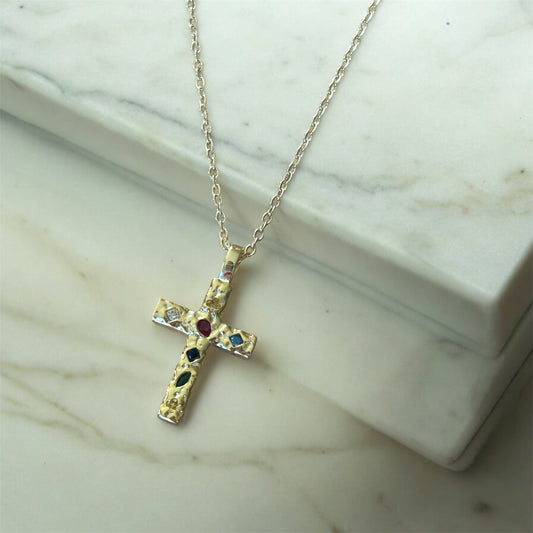 gold cross necklace, gemstones, gold chain, front image